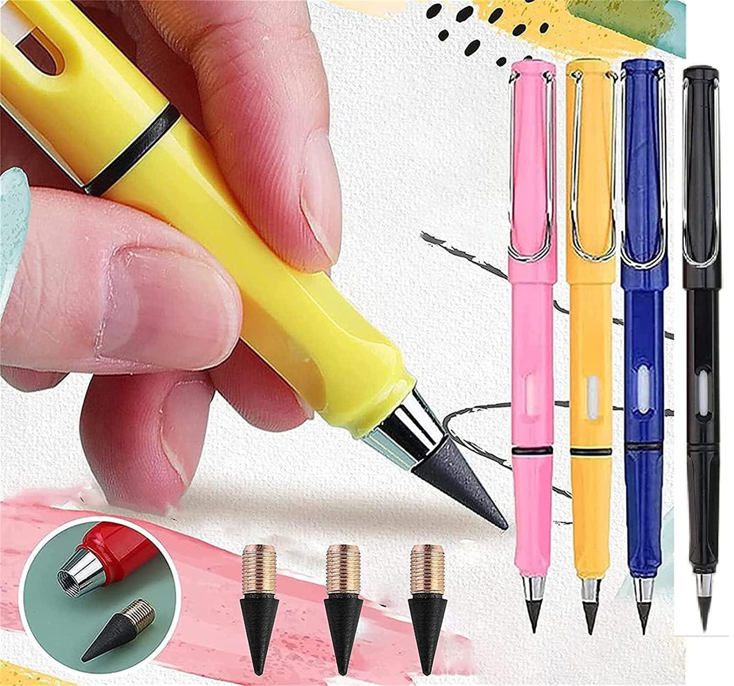 Everlasting Inkless Pencils Portable Reusable and Erasable Metal Writing Pens Replaceable Graphite Nib Triangle Golf Stationary Set (Pack of 4)